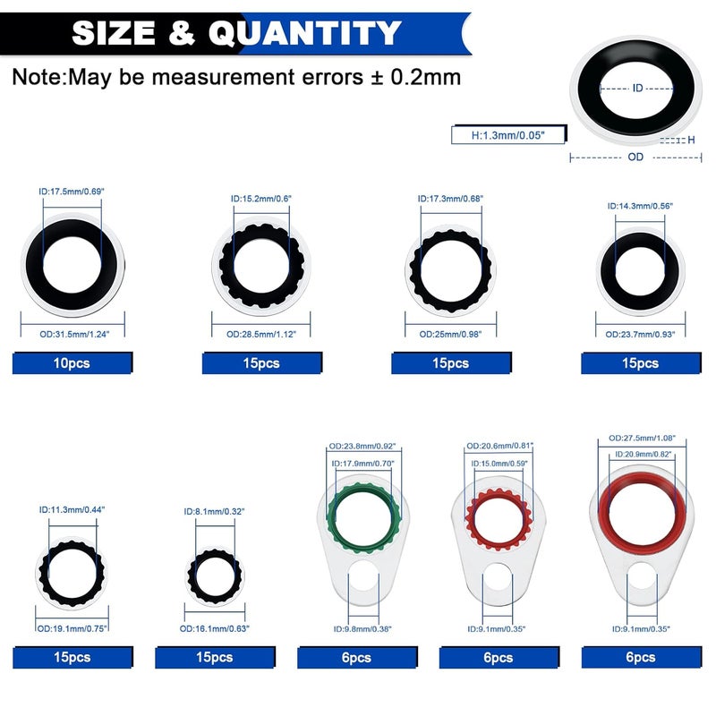 Daptemn 93PCS A/C Compressor Seal Washers Assortment Kit, 9 Sizes Air Conditioning System Compressor Port O-Rings, Replace Universal Automotive Self-Centered Bonded Sealing Washers (ID: 8mm-17.5mm) - Image 2
